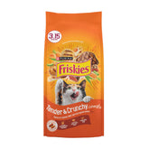 Friskies trozos tiernos y crujientes con pollo y res, para la hora de la comida.