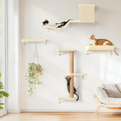 Producto FUKUMARU: estanterías de pared para gatos en madera beige, brindando apoyo estable.