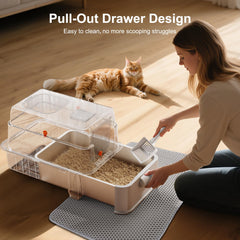 Vista frontal de la caja FURTIME en acero inoxidable para gatos grandes.