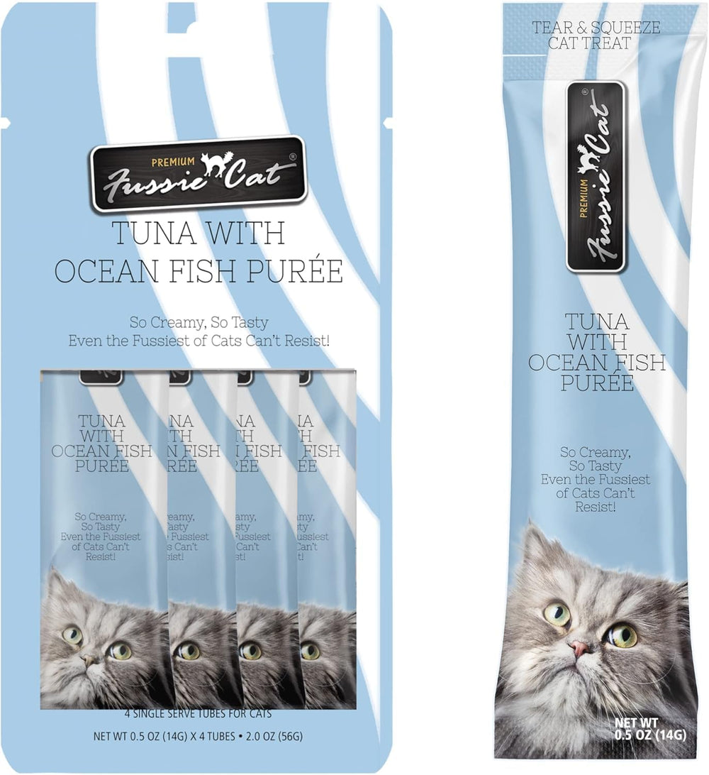 Purée de atún Fussie Cat en tubo, puré húmedo para hidratar la dieta felina.