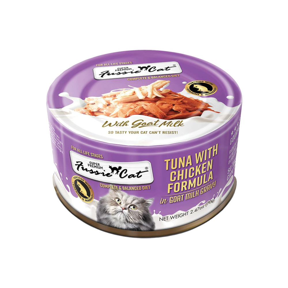 Fussie Cat Premium, lata leche de cabra con atún-pollo en salsa cremosa.