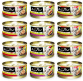 Fussie Cat lata premium sin granos con atún y pollo, sabor rico para gatos.