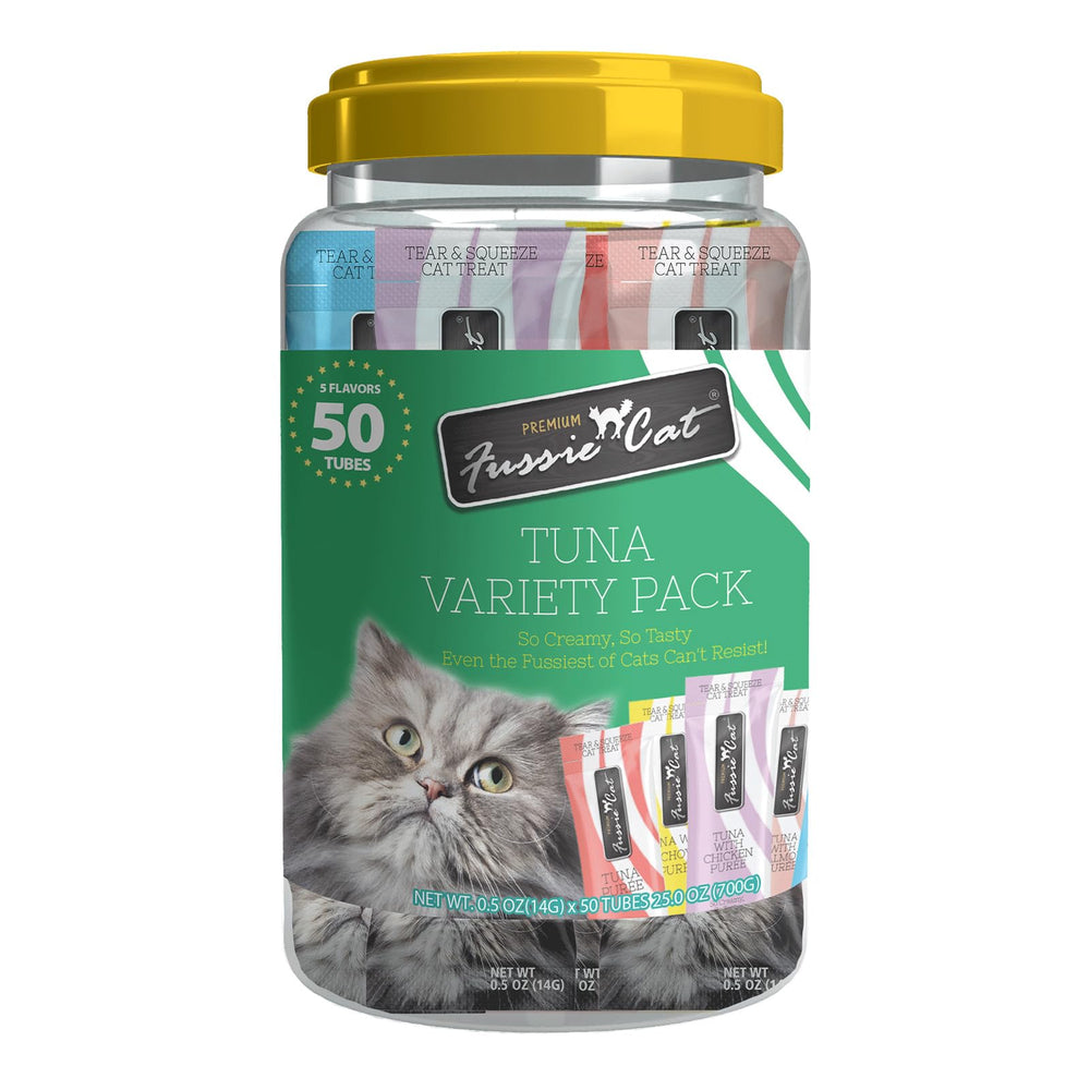 Fussie Cat Puré Tubos empaque de 50 unidades para servicio fácil.