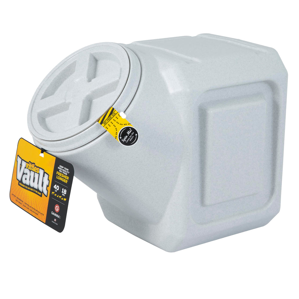 Gamma2 Vittles Vault Outback, frente del contenedor, mantiene la comida de mascotas fresca.