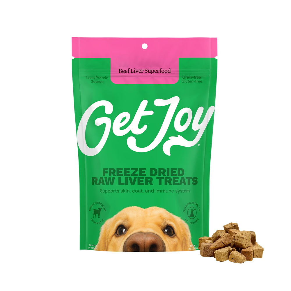 Get Joy hígado de res deshidratado para perros, empaque práctico para snack diario.
