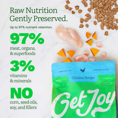 Get Joy ingredientes clave como pollo, higado y superalimentos para nutricion equilibrada