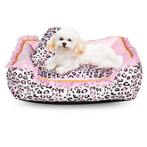 Cama para perros pequeños Gigreinc con diseño leopardo rosa, suave y acogedora.