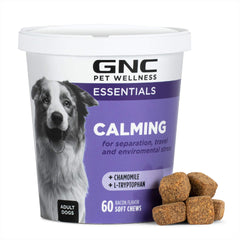 GNC Pets Essentials: botella de masticables suaves con sabor a tocino para perros calmantes