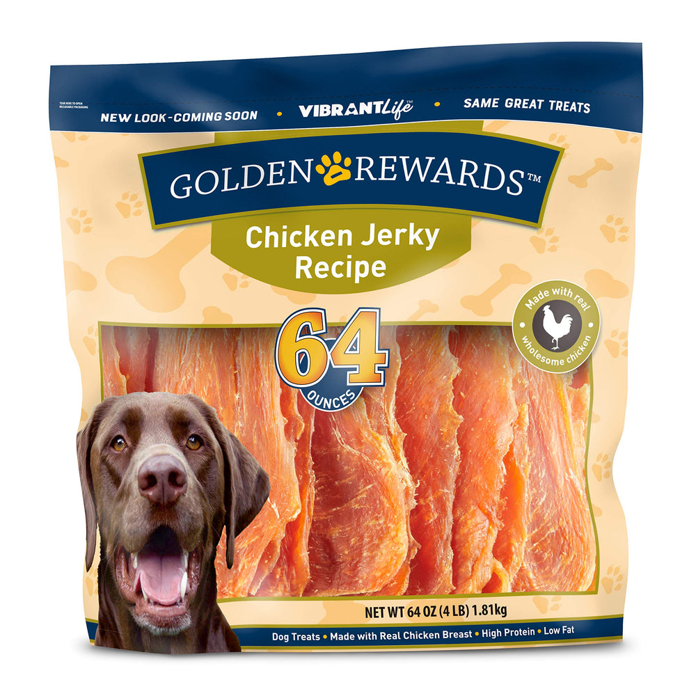 Golden Rewards empaque jerky de pollo, snack sabroso para perros.