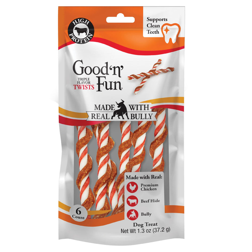 GOOD 'N' FUN tiras sabores tres en empaque atractivo y sabroso para perros.