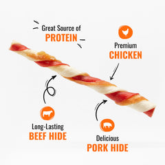 Good 'n' Fun Triple Flavor Twists con pollo real envuelto, snack sabroso.