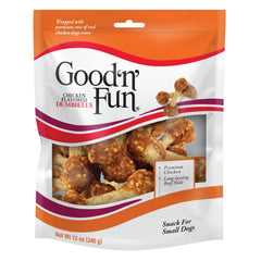 Good 'N' Fun haltères poulet en gros plan montrant une bouchée savoureuse.