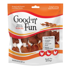 Good'n'Fun Triple Flavor Kabobs en empaque para perros, snack sabroso.