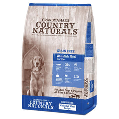 Grandma Maes Country Naturals, alimento seco de pescado blanco, nutrición equilibrada sin granos para perros.