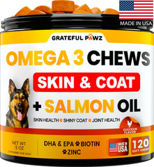 Grateful Pawz omega-3 para perros, bote que facilita la ingesta y el cuidado general.