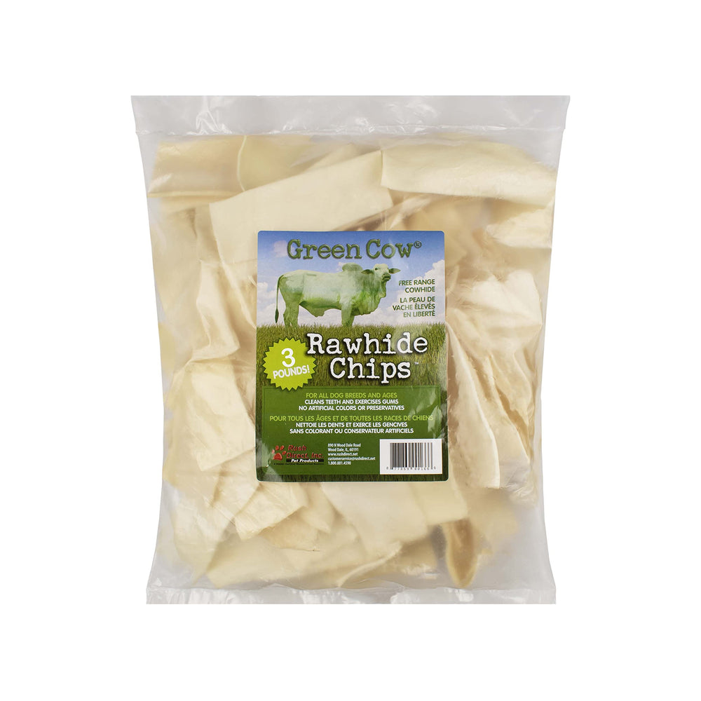 GreenCow Rawhide Chips en bolsa de 3 libras para masticación prolongada.