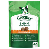 Greenies 8-in-1 dog supplements bottle with chicken-flavored chews for daily use.