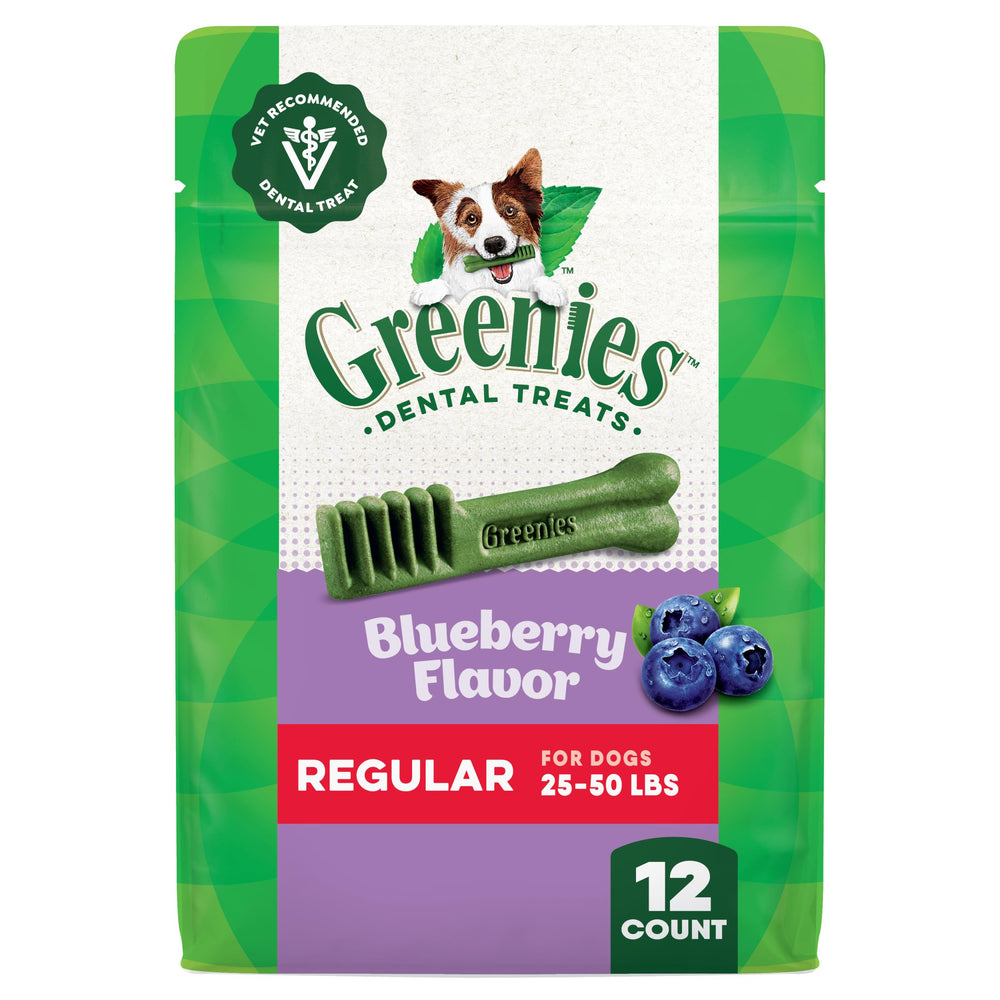 Greenies arándano palitos dentales: empaque frontal que invita al cuidado bucal diario.