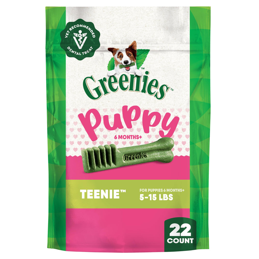 Greenies Teenie para cachorros, empaque visible, ideal para rutina dental diaria.