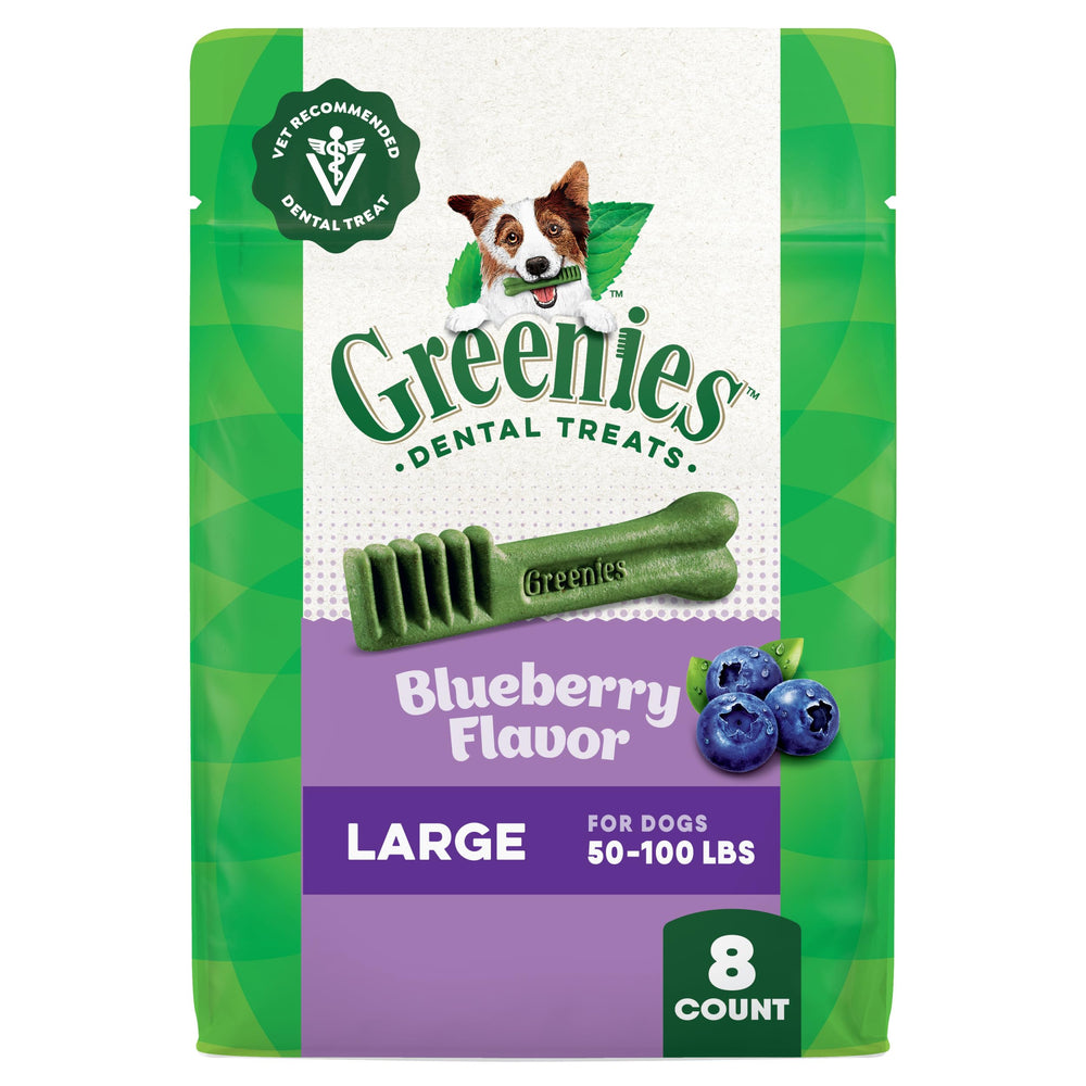 Golosina dental Greenies para perros grandes con sabor arándano y textura masticable.