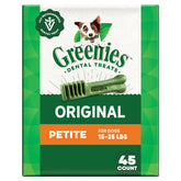 Greenies dentales originales para perros pequeños, empaque 27oz y cuidado diario.