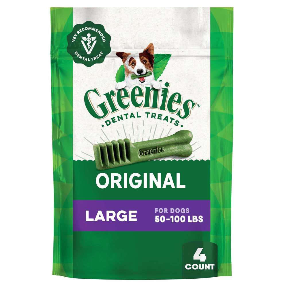 Greenies dulces dentales para perro grande, empaque frontal y aliento más fresco.