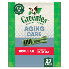 Greenies Aging Care, frente del empaque, apoyo al aliento fresco.
