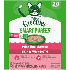 Greenies Feline Smart Purees tube packaging for skin and fur health support.