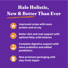 Halo Holistic: croquetas en primer plano, mayor proteína para razas pequeñas.