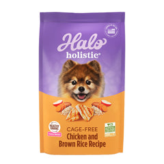 Halo Holistic: saco frente, croquetas para perro pequeño, apoyo digestivo suave.