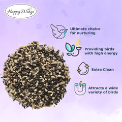 Corazones de girasol en Happy Wings Finch Blend para aves pequeñas.