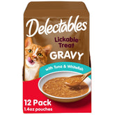 Hartz Delectables Gravy Lickable tuna and whitefish on a dish showing hydration and flavor.
