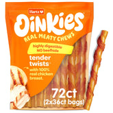 Hartz Oinkies Tender Twists con pollo real en primer plano, sabor jugoso para perros activos.