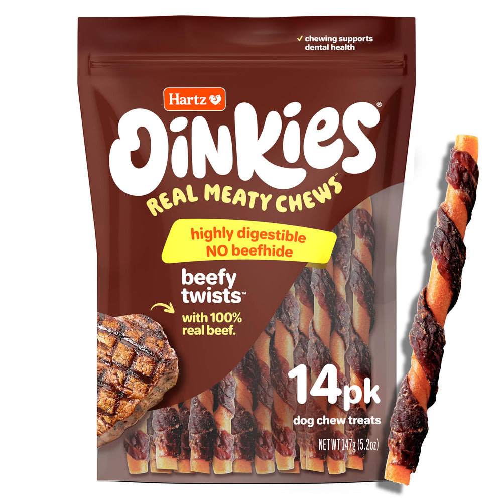 Hartz Oinkies Tiras Sabrosas de Res en empaque, snack sabroso para masticar diario.
