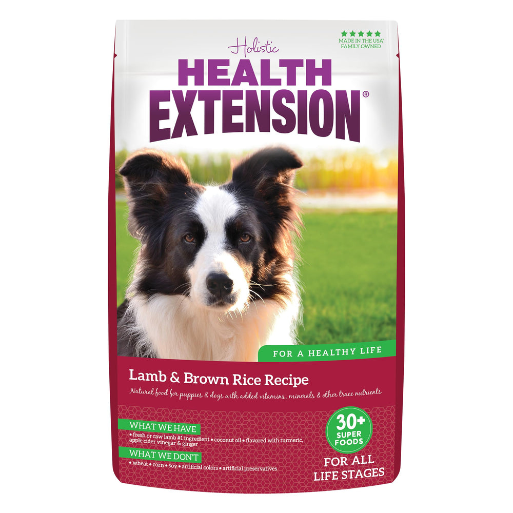 Health Extension Cordero Arroz Integral, bolsa de alimento, apoyo a una dieta equilibrada.