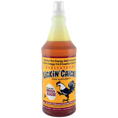 Healthy Coat Kickin: botella del suplemento para aves, apoyo al plumaje.