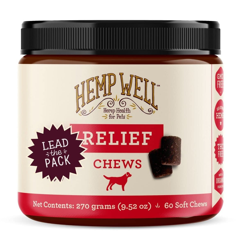 Hemp Well Relief: empaque de golosinas para perros, fácil de usar.