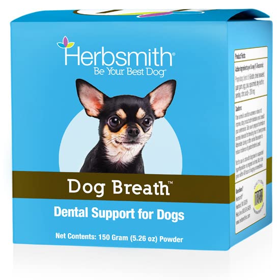 Herbsmith polvo dental, empaque práctico para uso diario en perros.