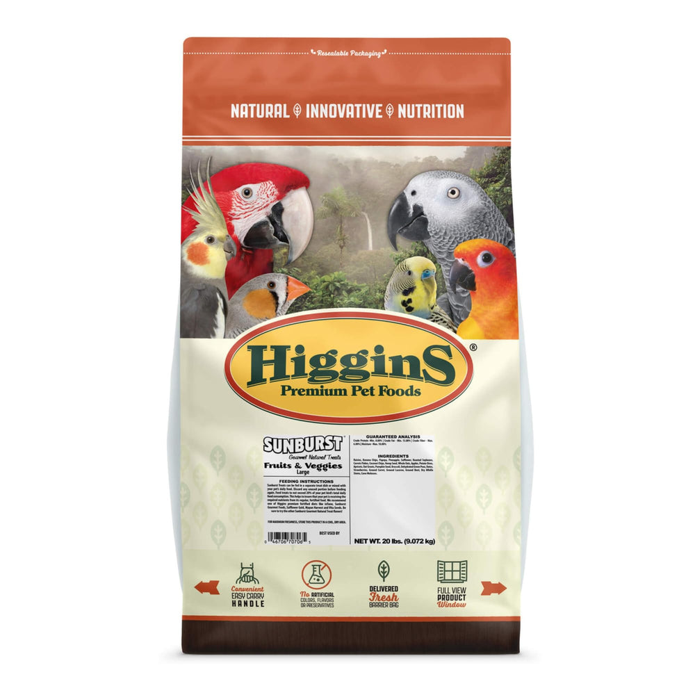 Higgins Sunburst para aves grandes, bolsa frontal con mezcla de frutas y verduras para dieta equilibrada.