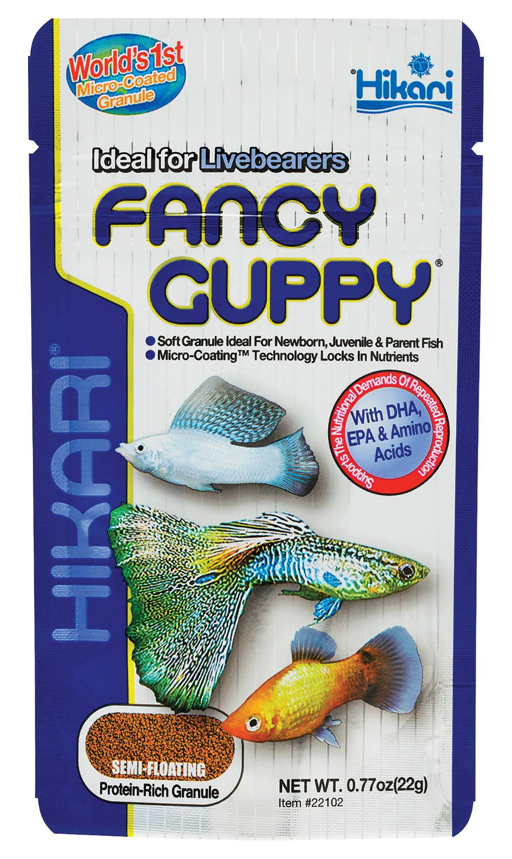 Alimento Hikari para pez guppy tropical fancy en empaque visible