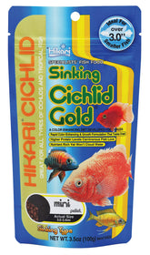 Hikari Cíclidos Dorados mini: etiqueta clara para selección y colores vivos.