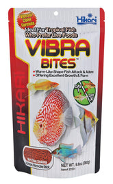 Hikari Vibra Bites: envase frontal listos para alimentar peces tropicales y realzar colores.
