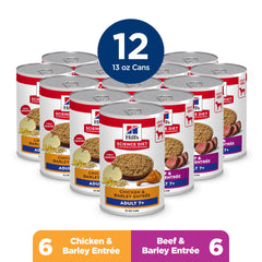 Hill's Science Diet Adulto 7+ variedad 12 latas con dos sabores.