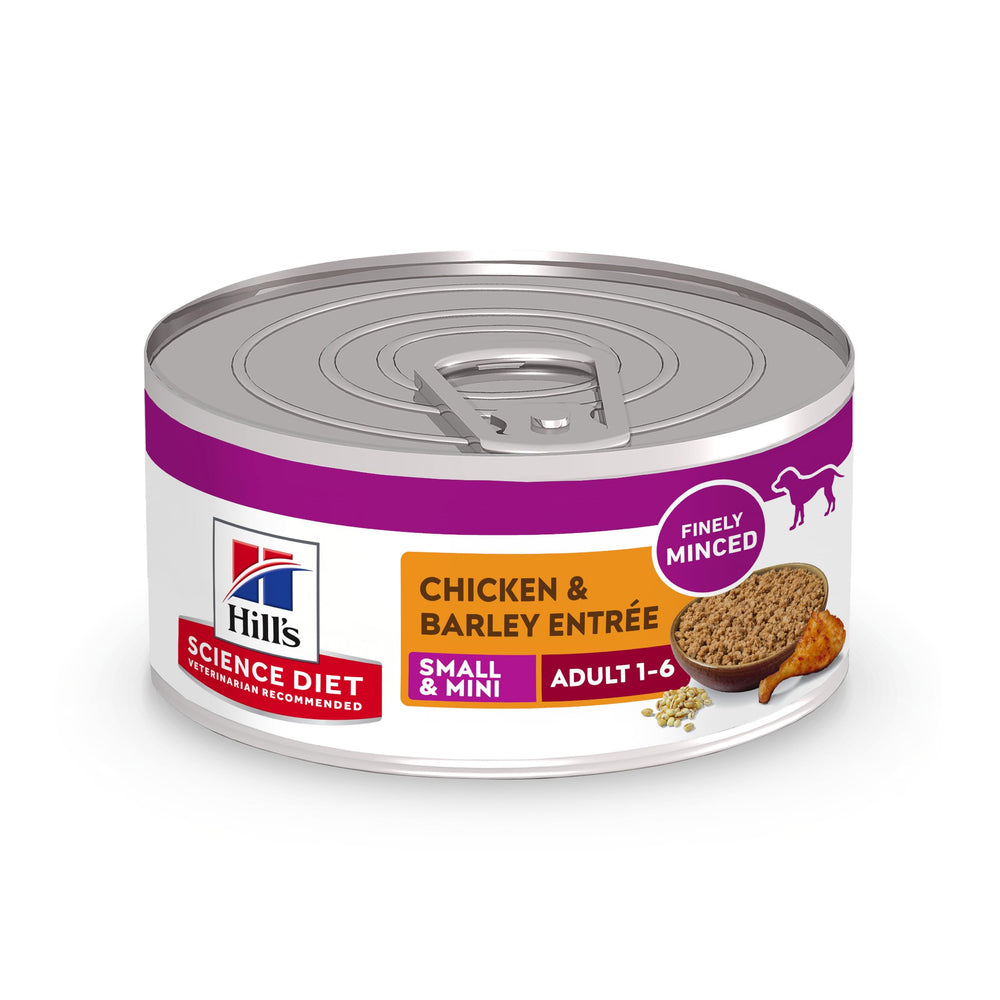 Hill's Science Diet Adulto Pequeño en lata de pollo con cebada, opción sabrosa para perros pequeños.