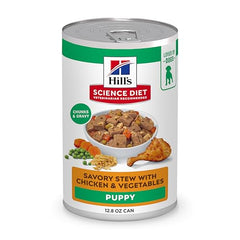 Hill's Science Diet Puppy estofado de pollo y verduras en lata para desarrollo equilibrado.