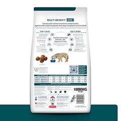 Hill's Prescription Diet w/d, etiqueta detallada, muestra beneficios para digestión y control de glucosa.