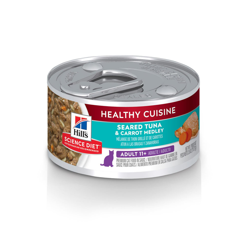 Hill's Science Diet Senior 11+ lata de atún con zanahoria, sabor sabroso para gatos mayores