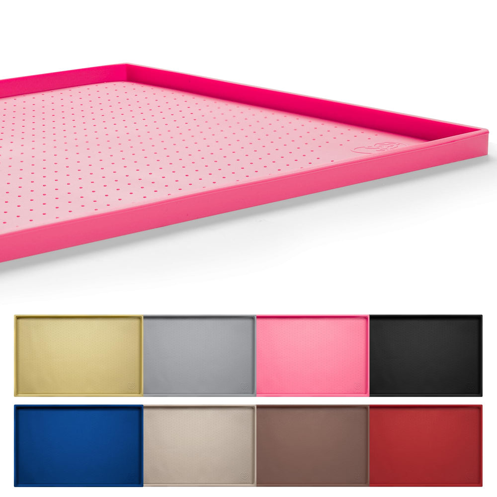 Hubulk mat de alimentación para perros rosa protege el suelo durante las comidas.