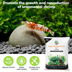 Hygger CO2, sustrato con plantas y camarones, paisaje acuático saludable.