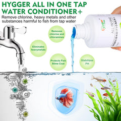 Hygger Condicionador de Agua etiqueta frontal para identificar dosis fácilmente.